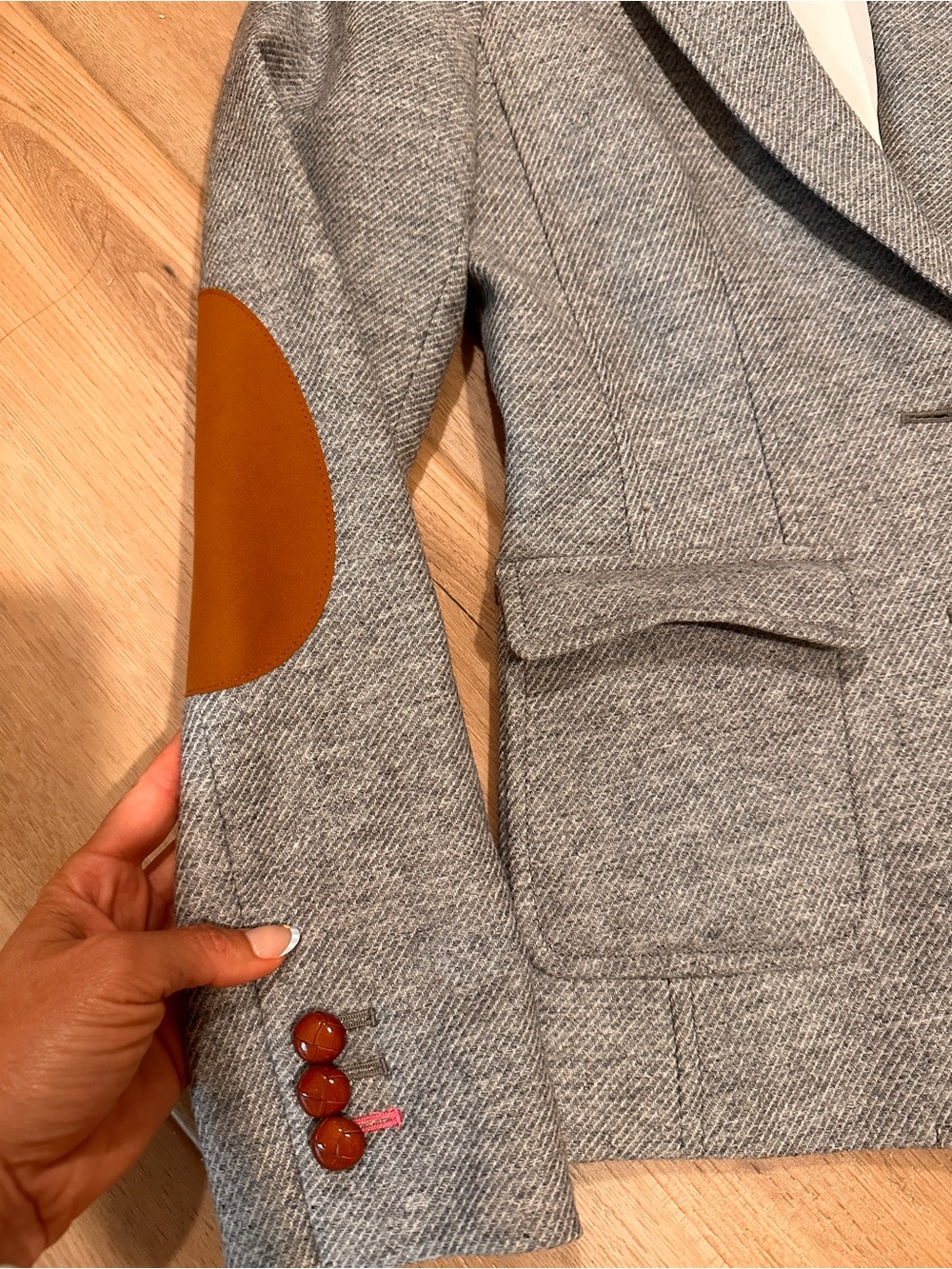 Banana Republic Gray Tweed Blazer with Brown Elbow Patches - Picture 2 of 4